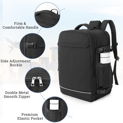 Sinaliy Personal Item Backpack, 40L Large Travel Backpack for Women Men, Waterproof Carry on Backpack for College, Business, Work - color: Black