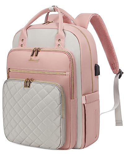 LOVEVOOK Laptop Backpack, D-Pink-Grey, 15.6in Laptop Compartment, 26L Capacity, 18 Pockets, Ergonomic Shoulder Straps, USB Charging Port - color: D-pink-grey, size: 15.6-Inch