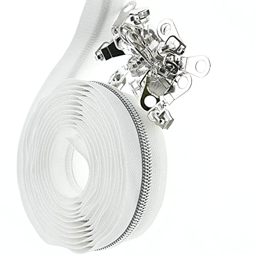 #5 Silver Metallic Nylon Coil Zippers by The Yard, Bulk White Tape 10 Yards with 25Pcs Pulls for DIY, Sewing, Craft, Bags YIGUANXIN - color: White-Silver