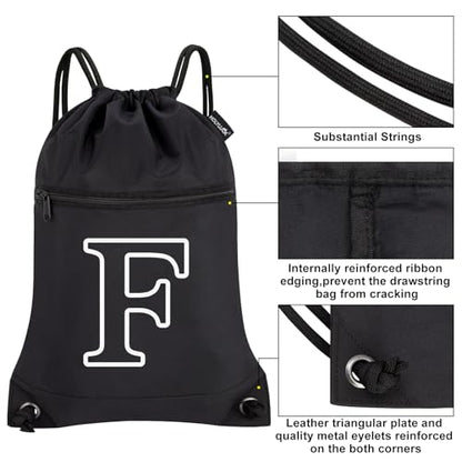 HOLYLUCK Drawstring Bags Initial Backpack Sackpack Cinch Bags for Sports, Gym, Travel, Beach(Black-F) - color: Black-f