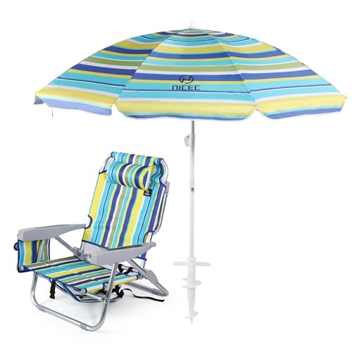 Nice C Beach Chair with Umbrella, Backpack Stripe Beach Chair for Adults, Sand Chair, High Back Lake Chairs, Sillas De Playa with Cooler, Cup Holder & Heavy Duty (Set of 1)