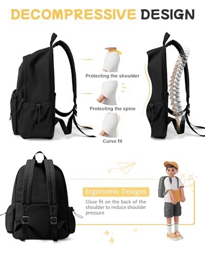 SEAFEW Black Backpack for School Women Girls, Waterproof Bookbag Cute High School Backpack for Men Teen Boys, Lightweight Travel College Back Pack Mochilas Escolares para Casual Daypack Rucksack - color: Black