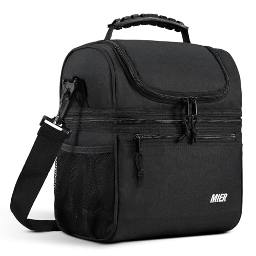 MIER Insulated Lunch Box Bags for Men Women, Dual Compartment, Black | Leakproof Lunchbox Cooler, Work, Travel, Park Trip, Side Mesh Pockets, Adjustable Shoulder Strap, Zipper Pockets, Durable - color: Black, size: Medium