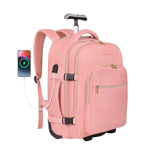 DEVPNR Rolling Backpack for Women, Travel Backpack with Wheels, Sweet Pink | 17 Inch Wheeled Roller Laptop Bag for Adults, Carry On Underseat Luggage for College Business Work Overnight Travel - color: Sweet Pink