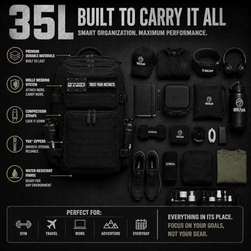 WOLFpak 35L Tactical Gym Backpack (Alpha Black) Durable 1000D Waterproof Oxford Material with MOLLE Webbing, Laptop Pocket & Dual Cup Holders, Durable Fitness/Travel/Military Daypack - color: Alpha Black