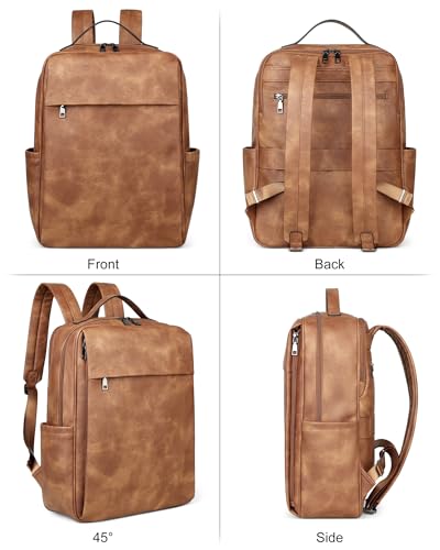 MASINTOR 15.6 inch PU Leather Laptop Backpack Purse for Women, Large College Casual Backpack Travel Bag Mocha Brown - color: Mocha Brown