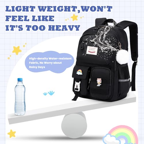 MUSEVOS Girls Backpack for Kids Teenage Elementary Middle High School Backpacks, Lightweight Water Resistant Bookbag Multiple Compartments large Capacity, Black - color: Black
