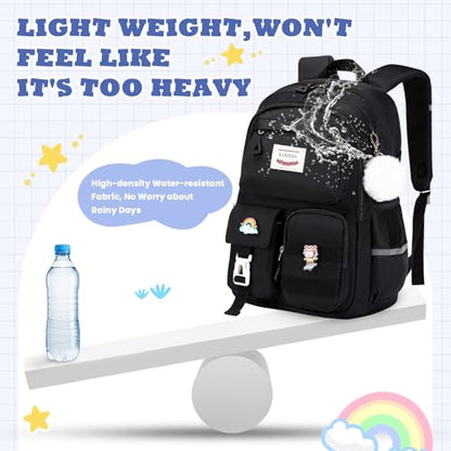 MUSEVOS Girls Backpack for Kids Teenage Elementary Middle High School Backpacks, Lightweight Water Resistant Bookbag Multiple Compartments large Capacity, Black - color: Black