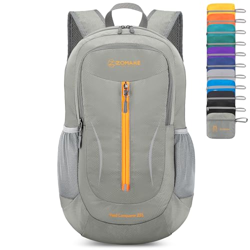 ZOMAKE Ultra Lightweight Packable Backpack 25L, Foldable Hiking Backpacks Water Resistant Small Folding Daypack for Travel(Silver Grey with Orange Zipper) - color: Silver Grey With Orange Zipper