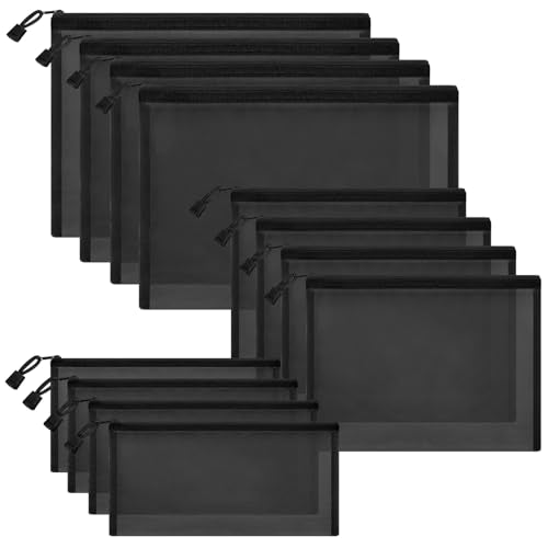 12 Pieces Zipper Nylon Mesh Pouch, Mesh Cosmetic Bags Makeup Bags Pencil Case, Multipurpose Travel Bags for Cosmetic School Office Supplies and Travel Accessories (Black, Assorted Sizes) - color: Black, size: Assorted Sizes