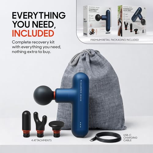 Sharper Image Powerboost Move Aero [New 2026 Version] Mini Deep Tissue Percussion Massage Gun| Muscle Recovery & Pain Relief Massage Tool| Full Body Back & Shoulder Massager| Travel Gift for Men Women - color: Metallic Navy
