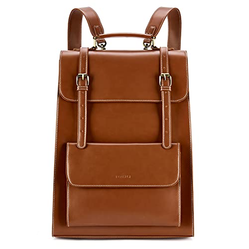 ECOSUSI Laptop Backpack for Women PU Leather Backpack Vintage for Laptop 15.6 inches Computer Bag College Bookbag - color: Brown