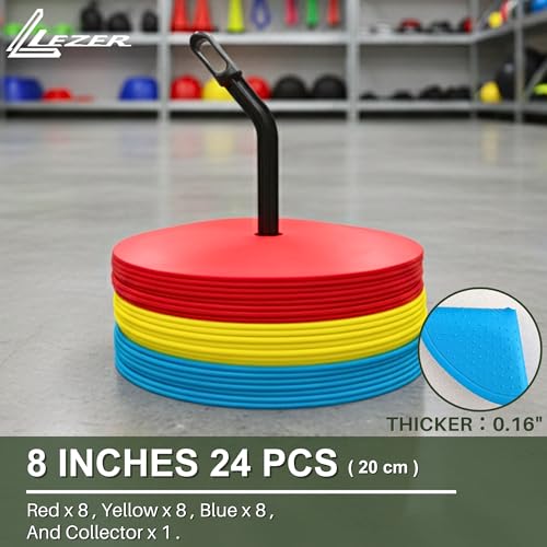 LEZER 6 Inch 8 Inch Flat Cones, Spot Markers, Soccer Cones, Field Court Markers, Sit Spots, Flat Discs, Soccer Training Equipment, Agility Practice, Football, Made in Taiwan - style: 8 inch with 24 pcs