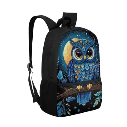 ZOUTAIRONG Blue Owl Print Backpack for School Mini Thermos School Bags for Girls Boys 7-10/10-12/12-16, Fashion Casual Backpack with Side Pockets - color: Blue Owl