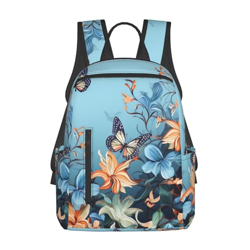 Blue butterfly floral Travel Backpack for Men & Women 14 inch Laptop Backpack Waterproof Work Back Pack - color: Blue Butterfly Floral