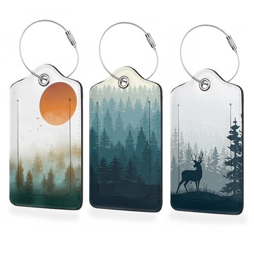 Misty Forest 3 Pack PU Leahter Luggage Tag,Deer Fog Red Sun Leather Suitcase Tags with Privacy Cover Name Address Labels and Metal Ring,Quickly Spot for Bags - color: Misty Forest,deer Fog Red Sun