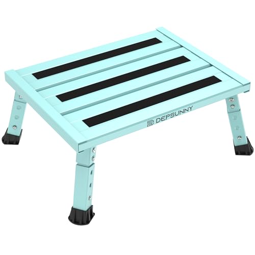 Adjustable Height Aluminum RV Step, Stable Foldable Platform Step Stool, Supports Up to 1,000 lb, Non-Slip Rubber Feet and Platform Mat, Easy to Carry (Green) - color: Green