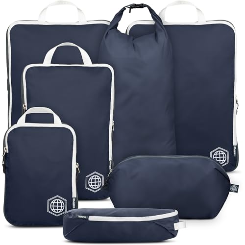 Large Compression Packing Cubes for Travel-Packing Cube Luggage Organizers 7 Piece Set for Checked Luggage-Ultralight, Expandable/Compression Bags by TRIPPED Travel Gear (Navy/White) - color: Navy/White