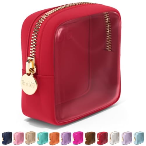 Embla Clear Cosmetic Bag Makeup Case, Clear Zipper Make Up Pouch and Toiletry Travel Tote, Cute Skincare Pouches for Women Girls, Preppy Purse Cosmetic Organizer, Mini Makeup Bags, Ruby Red - color: Ruby, size: Mini