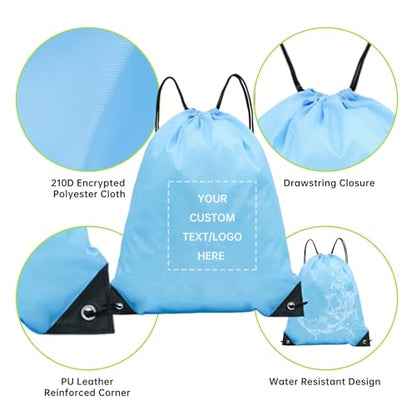 JEOHLORY pack of 50 Custom Bags With Your Logo,Drawstring Backpacks Bulk String Bag,Great for Travelling, Gym and for Everyday Use (Custom Sky Blue) - color: Custom Sky Blue