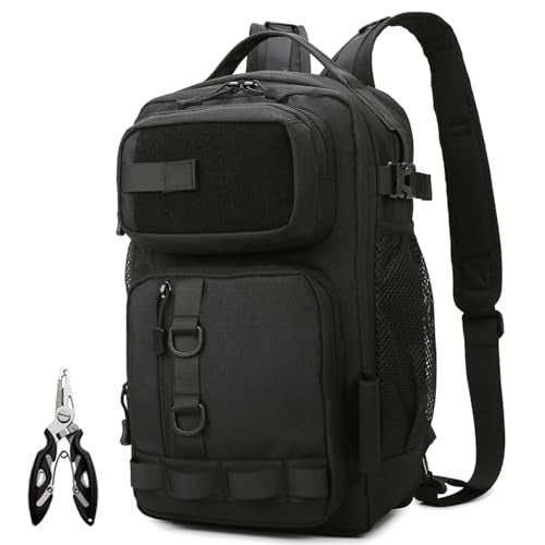 Fishing Backpack - Tackle Sling Bag- Fishing Gear Bags with Rod Holder and Fish Plier (Black) - color: Black