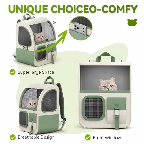 Large Cat Backpack Carrier with Front Window & Super Large Space, Designed for Long Adventures Travel Hiking, Pet Carrier Backpack for Cats Small Puppies up to 16.5lbs, Green White