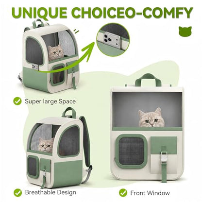 Large Cat Backpack Carrier with Front Window & Super Large Space, Designed for Long Adventures Travel Hiking, Pet Carrier Backpack for Cats Small Puppies up to 16.5lbs, Green White