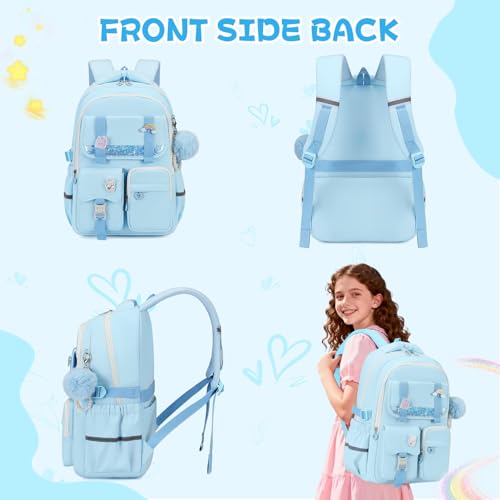MUSEVOS Girls Backpack, Kids Backpack for Girls, School Bookbag for Teens Age 6-15, Large Capacity Water Resistant Backpack for Elementary to High School, Cute Travel Daypack, Blue - color: Blue