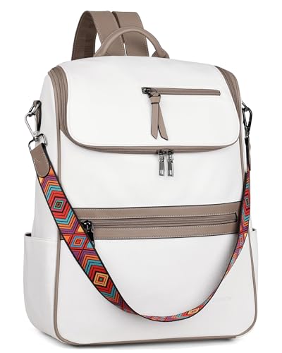 FADEON Laptop Backpack for Women Leather Travel Backpack with Laptop Compartment, Designer PU Shoulder Laptop Bag White - color: White Retro Style
