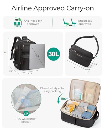 BAGSMART Womens Backpack Carry On Flight Approved, Travel Backpack for Women with Waist Bag,Traveling Lightweight Weekender Casual Daypack 17.3" Laptop Work Back pack Personal Item Bag,Champagne - color: Champagne