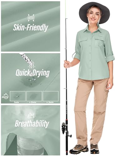 Women's UPF 50 Long Sleeve Sun Protection Safari Fish Hiking Shirts - color: Bean Green, size: X-Small
