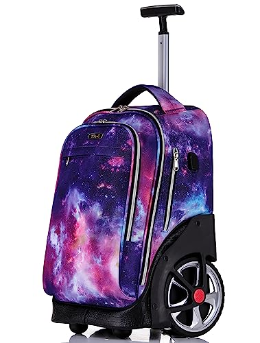 NEW TILAMI 19 inch Rolling Backpack Teens Rolling Backpack Cute Wheeled Laptop Backpack Bookbag Roller Travel Bag College, Starry Purple - color: Purple Starry