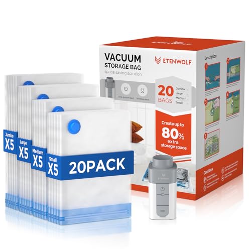 ETENWOLF Vacuum Storage Bags for Travel with Rechargeable Wireless Pump, Vacuum Seal Bags for Clothes and Travel, Space Saver Bags in Carry-On Sizes, Perfect for Luggage and Suitcases, 20 Combo - size: 20 Combo Size-E