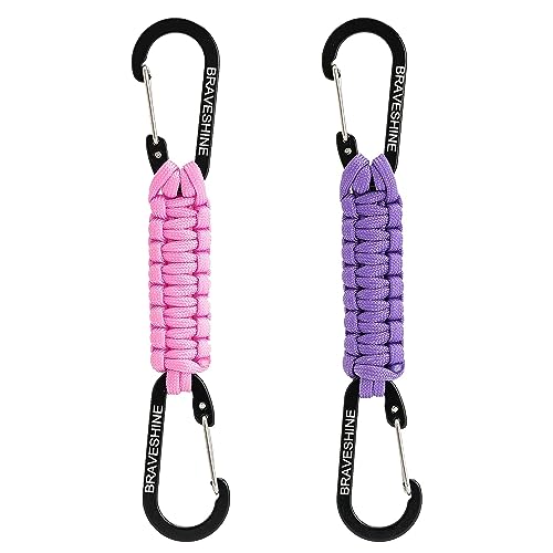 BRAVESHINE Paracord Keychain Carabiner Clip, D Ring Lanyard Hanger Stroller Hook for Water Bottle, Key, Backpacks, Men, Women - color: 1 Pink 1 Purple