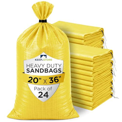 Heavy Duty Sand Bags Pack of 24, Bright Yellow Empty Sandbags with Built-In Ties, Woven Polypropylene UV Protection 1600 Hours, Fillable Bags for Flood Control, Weight, 20x36 inches, 100 Pounds Volume - size: 20"W x 36"L, style: Pack of 24