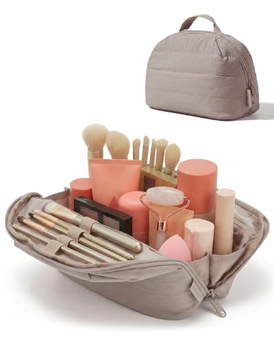 BAGSMART Travel Makeup Bag for Women, Portable Fold-down Cosmetic Case, Puffy Padded Make Up Organizer Pouch, Water-resistant Toiletry Bag for Toiletries, Brushes (Brown) - color: Brown