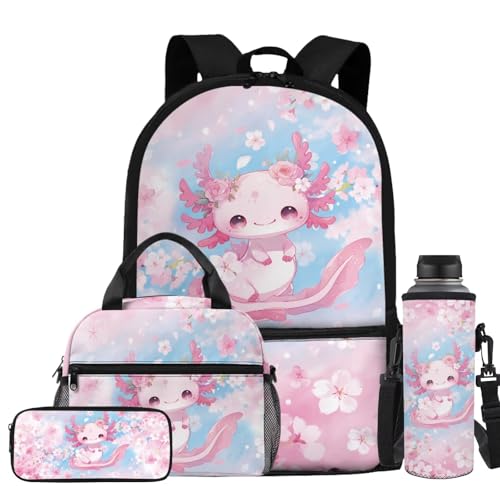 Cherry Blossom Axolotl Backpack for Girls Kids Backpacks with Lunch Box Pencil Pouch Water Bottle Sleeve 4PCS Set 1st Grade Backpack Girls Bookbag for Primary Elementary School Bag - color: Axolotl Cherry Blossom