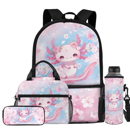 Cherry Blossom Axolotl Backpack for Girls Kids Backpacks with Lunch Box Pencil Pouch Water Bottle Sleeve 4PCS Set 1st Grade Backpack Girls Bookbag for Primary Elementary School Bag - color: Axolotl Cherry Blossom