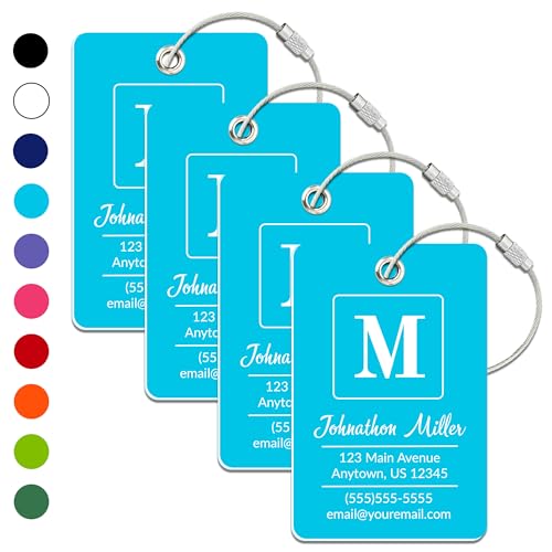 Personalized Luggage Tag | 4 Pack | Custom Luggage Tags for Suitcases | Kids Backpack Tag | 10 Color Options & Choose Font, Font Color - color: Light Blue, size: 4 pack - Large