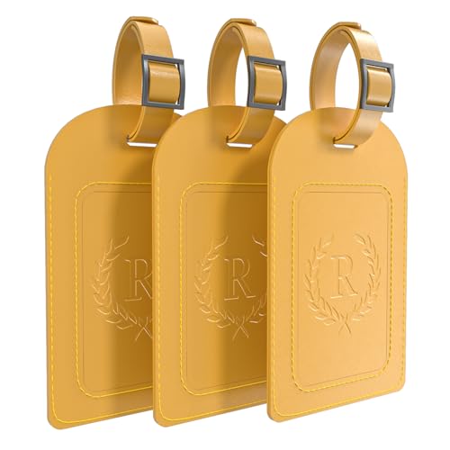 Alphabet Luggage Tags, 3 Pack Yellow Initial Bag Tags with Privacy Cover & Replaceable ID Card, Faux Leather Suitcase Tags for Travel, Flights & Cruises - style: Letter R