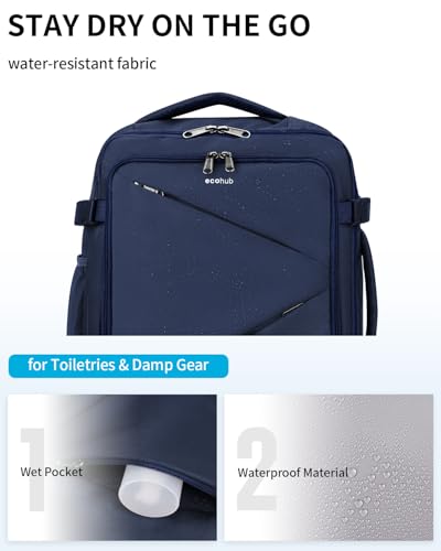 ECOHUB 17" Small Unisex Travel Backpack United Airlines Approved 17x10x9 Friendly Suitcase Anti-Theft Lockable Zippers Style Personal Item Bag Travel Essentials with 12 Pockets Water Resistant, Blue - color: Blue, size: 17 inch underseat
