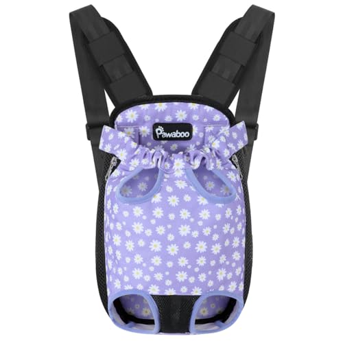 Pawaboo Pet Carrier Backpack, Adjustable Pet Front Cat Dog Carrier Backpack Purse Travel Bag, Legs Out, Easy-Fit for Traveling Hiking Camping for Small Medium Dogs, Medium Size, Black & Purple Daisy - color: Black & Purple, style: Medium (Pack of 1)