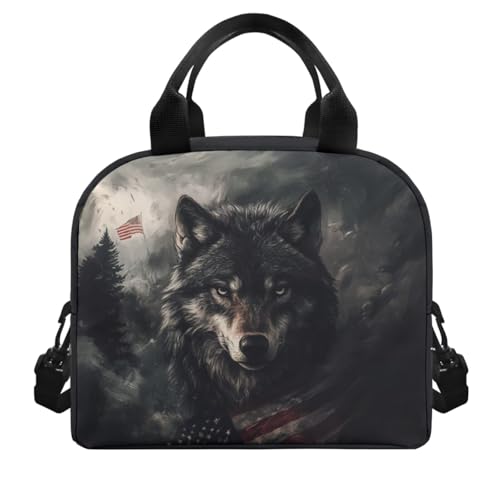Flashideas American Flag Wolf Backpack for Boys Kids Backpack with Lunch Box 32 oz Water Bottle and Water Bottle Sleeve 4Pcs Set 17" Lightweight Bookbag with Compartments for School Sturdy School Bag - color: American Flag Wolf
