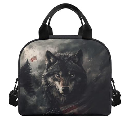 Flashideas American Flag Wolf Backpack for Boys Kids Backpack with Lunch Box 32 oz Water Bottle and Water Bottle Sleeve 4Pcs Set 17" Lightweight Bookbag with Compartments for School Sturdy School Bag - color: American Flag Wolf