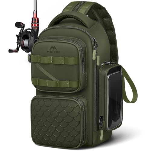 MATEIN Fishing Sling Bag with Lure Rod Holder & Phone Pouch, Waterproof 3600 Tackle Box Backpack with Removable Bait Binder - color: Olive Green