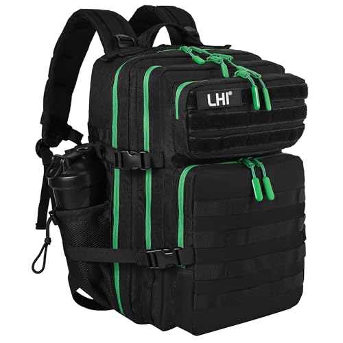 LHI Military Tactical Backpack for Men and Women 45L Army 3 Days Assault Pack Bag Large Rucksack with Molle System - Black with green zipper - color: 1.0 Black With Green Zipper