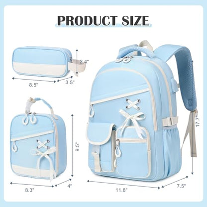 DIGOBAY Backpacks for Girls - 3PCS Girls Backpack with Lunch Box & Pencil Pouch School Backpacks for Elementary Middle High College School Bookbag for Teen Girl Kids Students Blue - color: Bluebeige