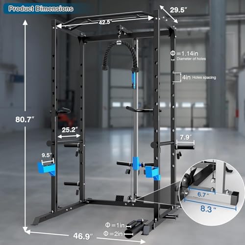 ULTRA FUEGO Power Cage, Multi-Functional Power Rack with J-Hooks, Dip Handles, Landmine Attachment and Optional Cable Pulley System for Home Gym - size: 240LB Weights Package+Flat Bench
