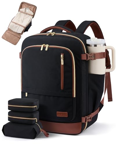 LOVEVOOK 40L Travel Backpack for Women Men with Garment Bag, Airline Approved Carry on Luggage Travel Essentials with 3 Packing Cubes, TSA Overnight Bags Weekender Essentials Backpacks fits 17" Laptop - color: Black-brown, size: 40L-4Pcs