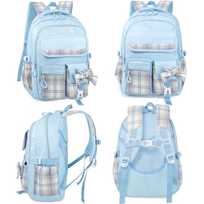 MCWTH Checkered Backpack for Teen Girls, Kawaii Cute Kids Elementary Student School Backpacks (Bow Blue) - color: Checkered Blue